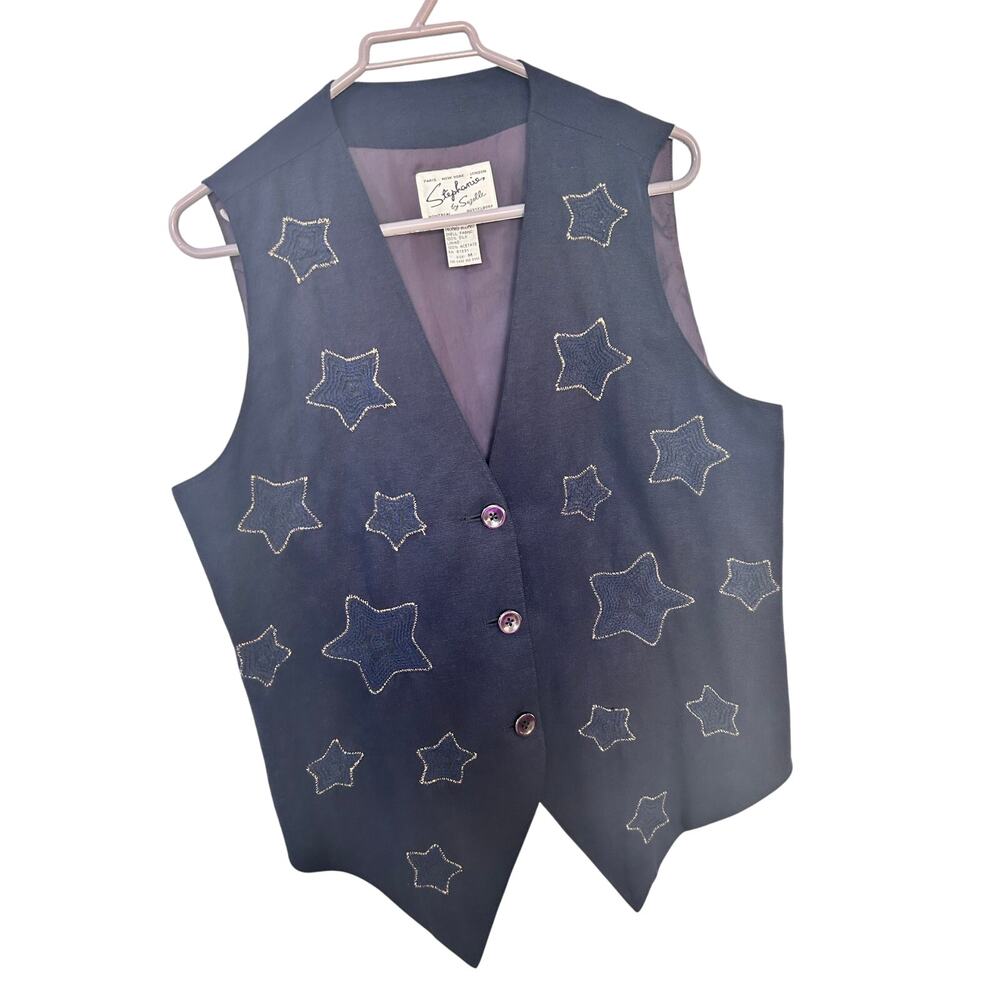 Vintage Stephanie by Suzelle Embroidered Stars Button-Front Vest Blue‎ SZ Medium